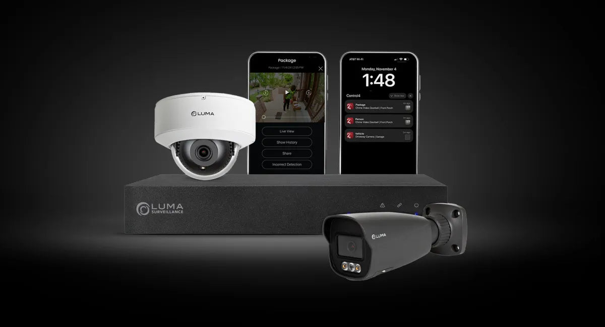 Security system with cameras, two smartphones showing apps, and a black control unit on a dark background.