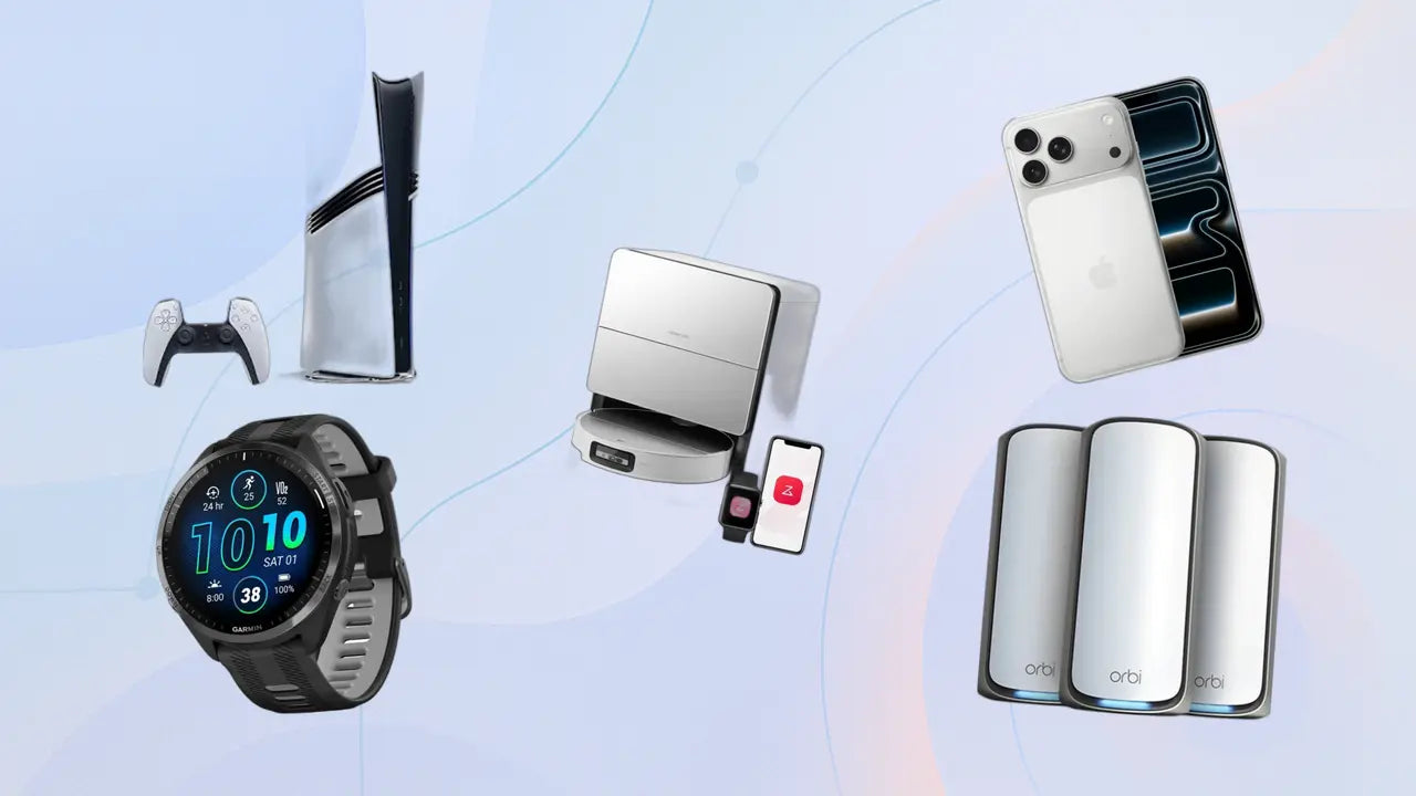 Smartwatch, gaming console, flip phone, smartphone, and power banks on a light gradient background.