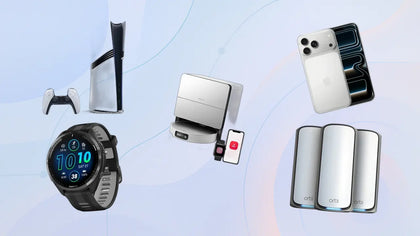Smartwatch, gaming console, flip phone, smartphone, and power banks on a light gradient background.