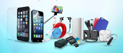 Smartphones, headphones, chargers, and memory cards on a blue gradient background.