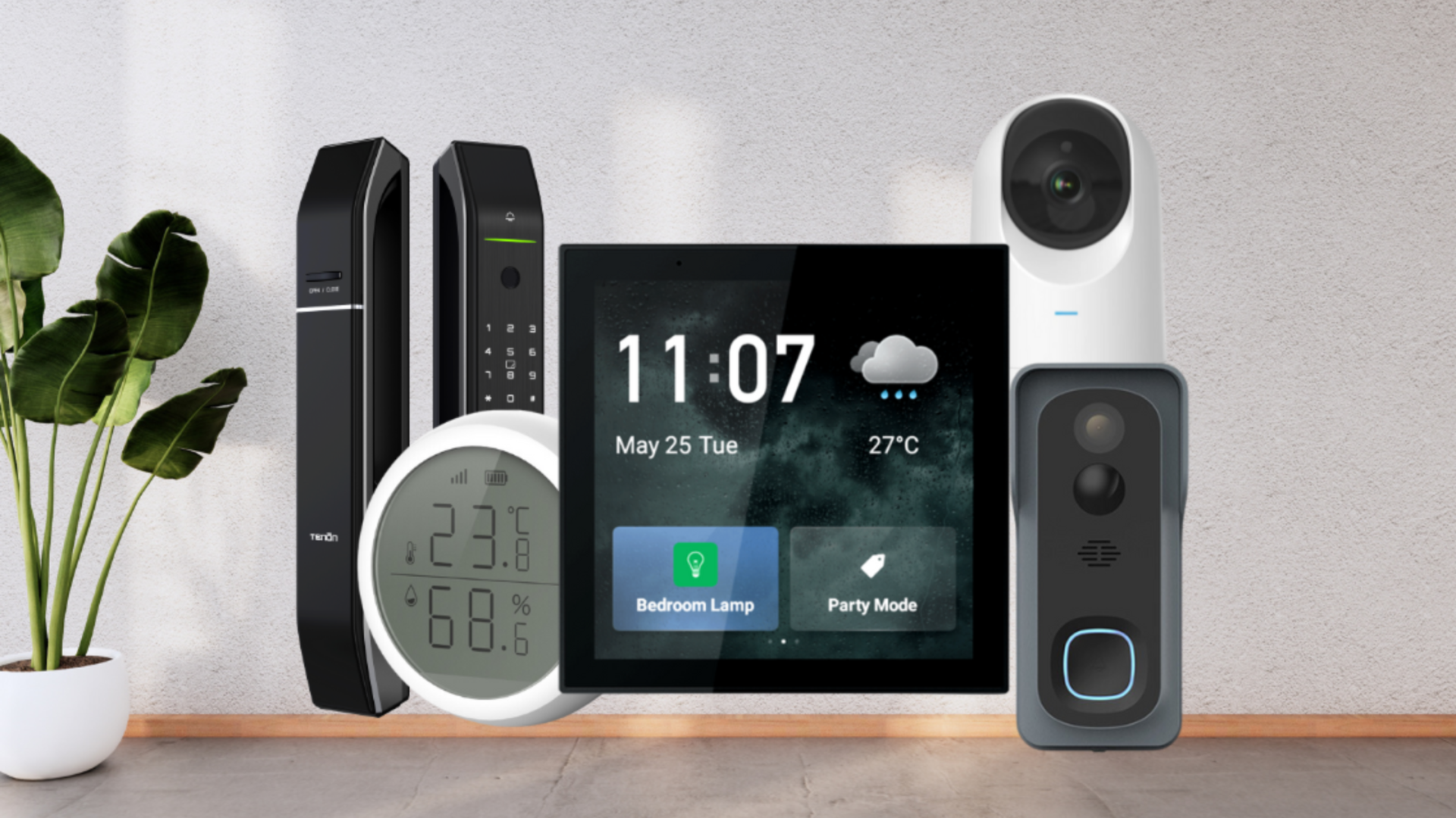 Smart home devices on a wooden surface, including a screen, camera, thermometer, and plant.