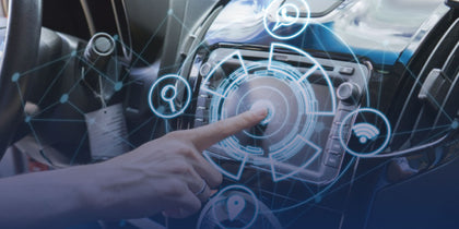 A hand touches a car touchscreen with digital icons and blue tech overlay.