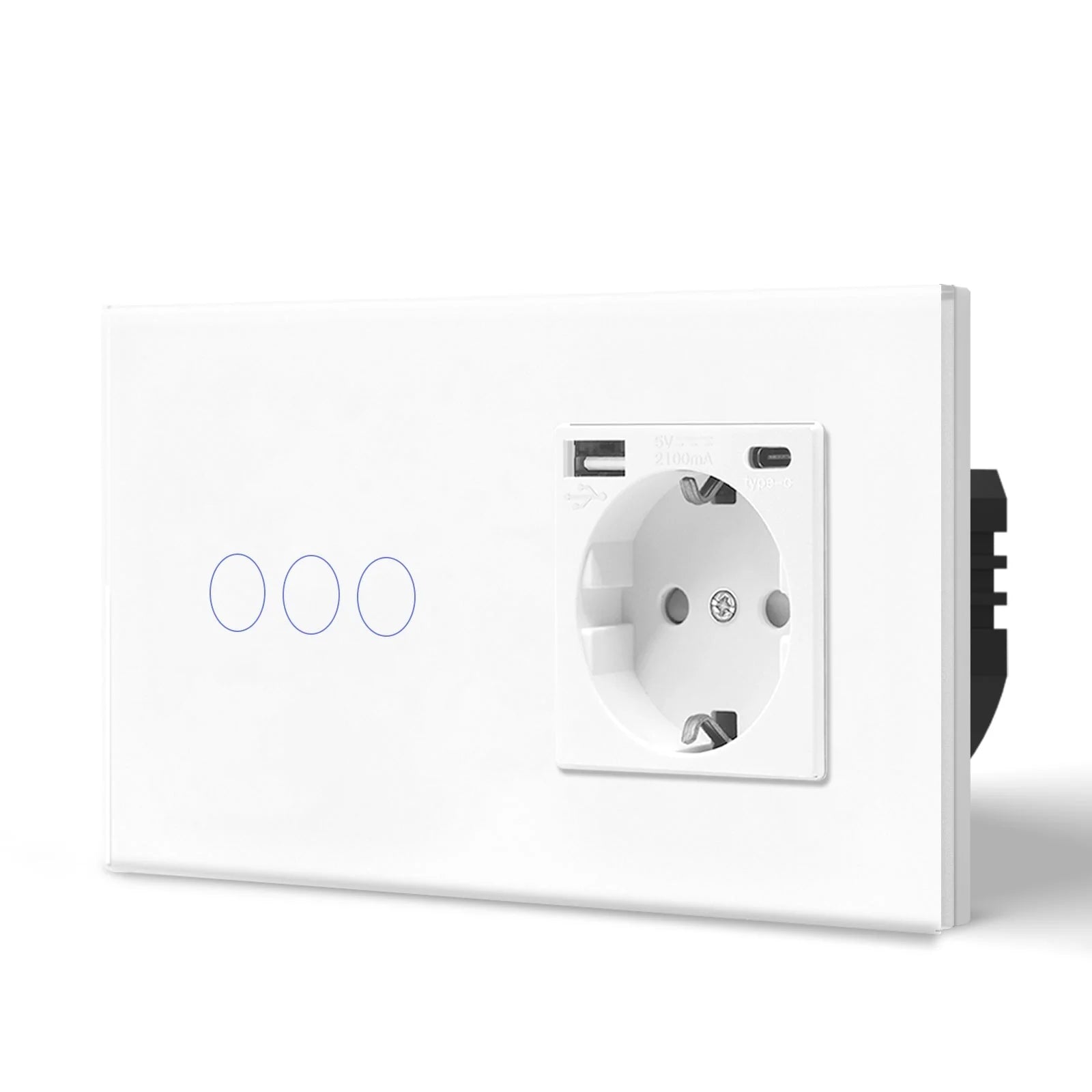 White smart wall socket with three circular touch controls and one USB port.