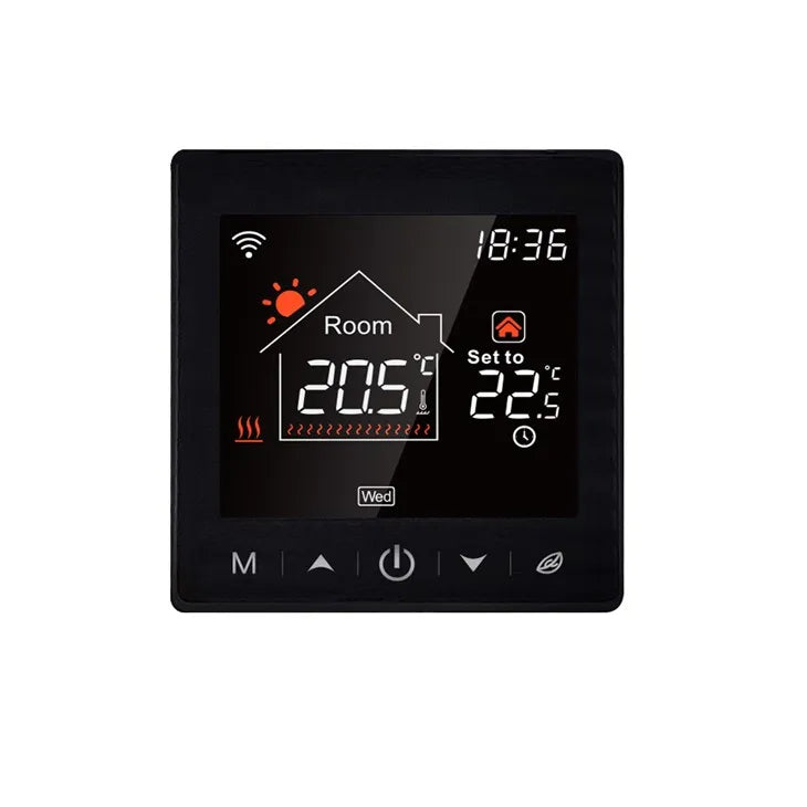 Digital thermostat with black screen, white text, red icons, and a temperature display.