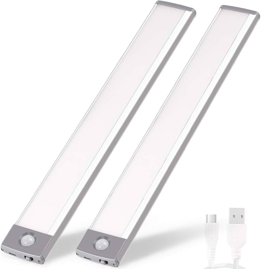 Two slim, rectangular LED lights with silver ends, accompanied by a USB charging cable.