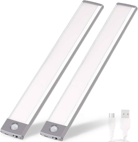 Two slim, rectangular LED lights with silver ends, accompanied by a USB charging cable.