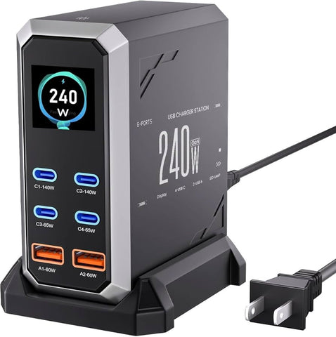 Black vertical charging station with multiple USB ports, 240W display, and detachable power cord.