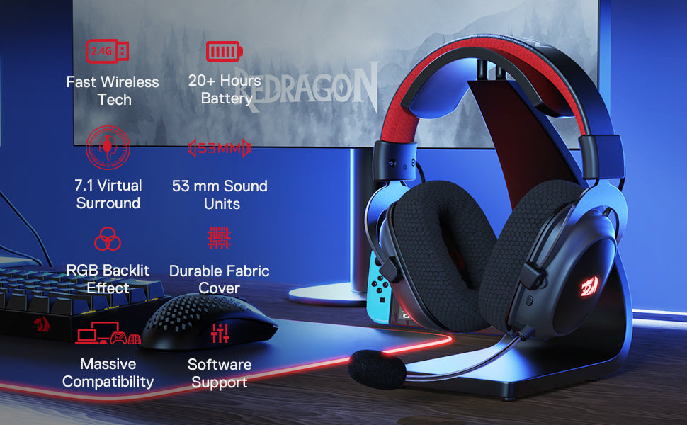 Redragon H510 PRO Zeus-X RGB Wireless Gaming Headset 7.1 Surround Sound 53MM Audio Drivers  Multi Platforms Headphone
