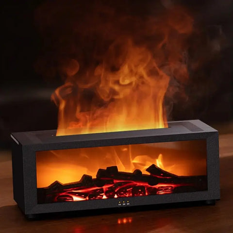 Modern rectangular fireplace with realistic orange flames and glowing red embers inside.