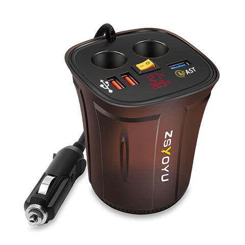 Car charger with two sockets, dual USB ports, and a digital display, brown and black design.