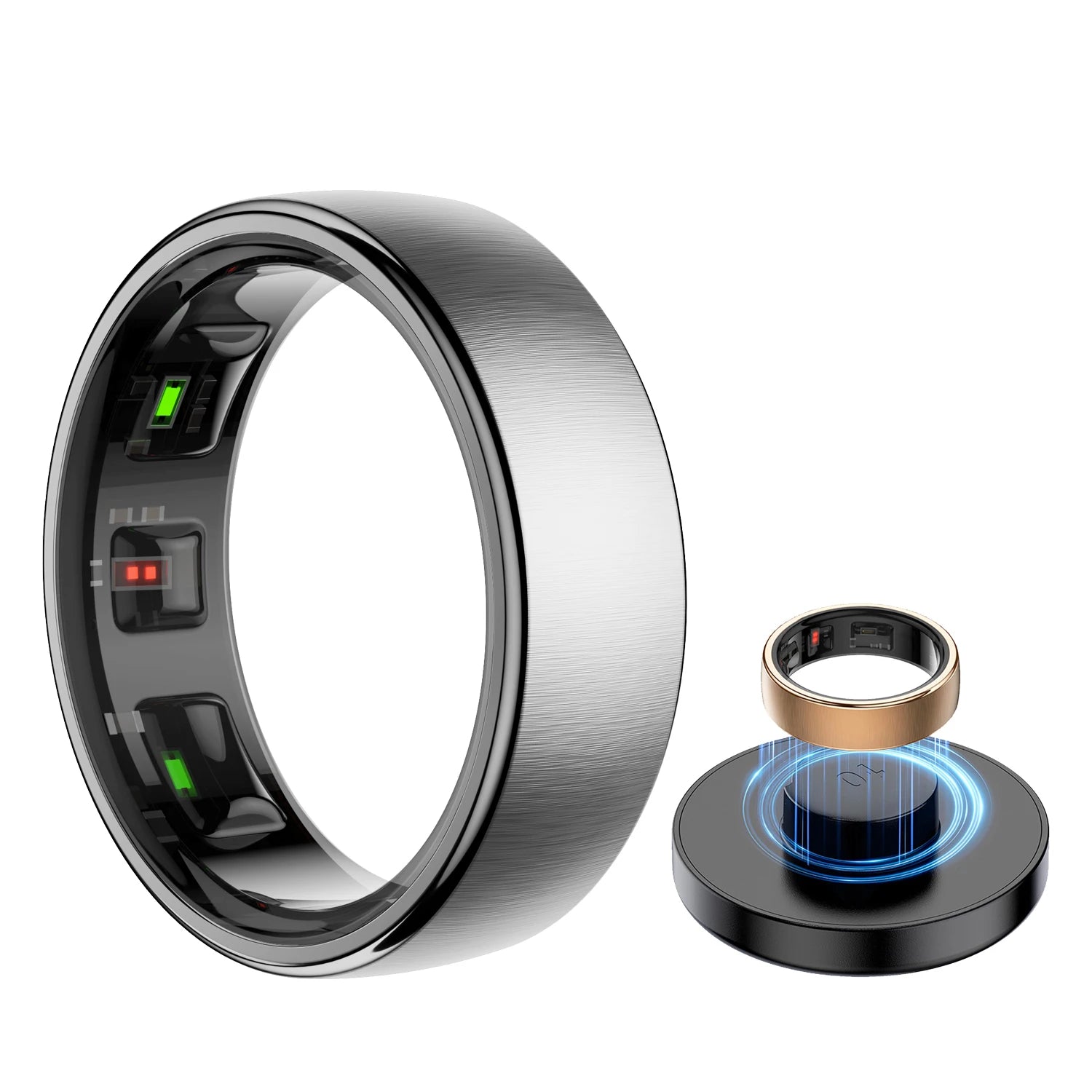 Silver and gold smart rings with sensors, beside a black charging base with blue LED light.