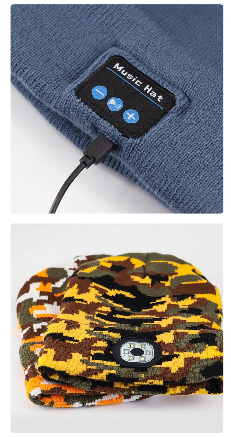 Can be equipped with Wireless Bluetooth music knitted hat new outdoorledlighting rechargeable detachable luminous sleeve cap