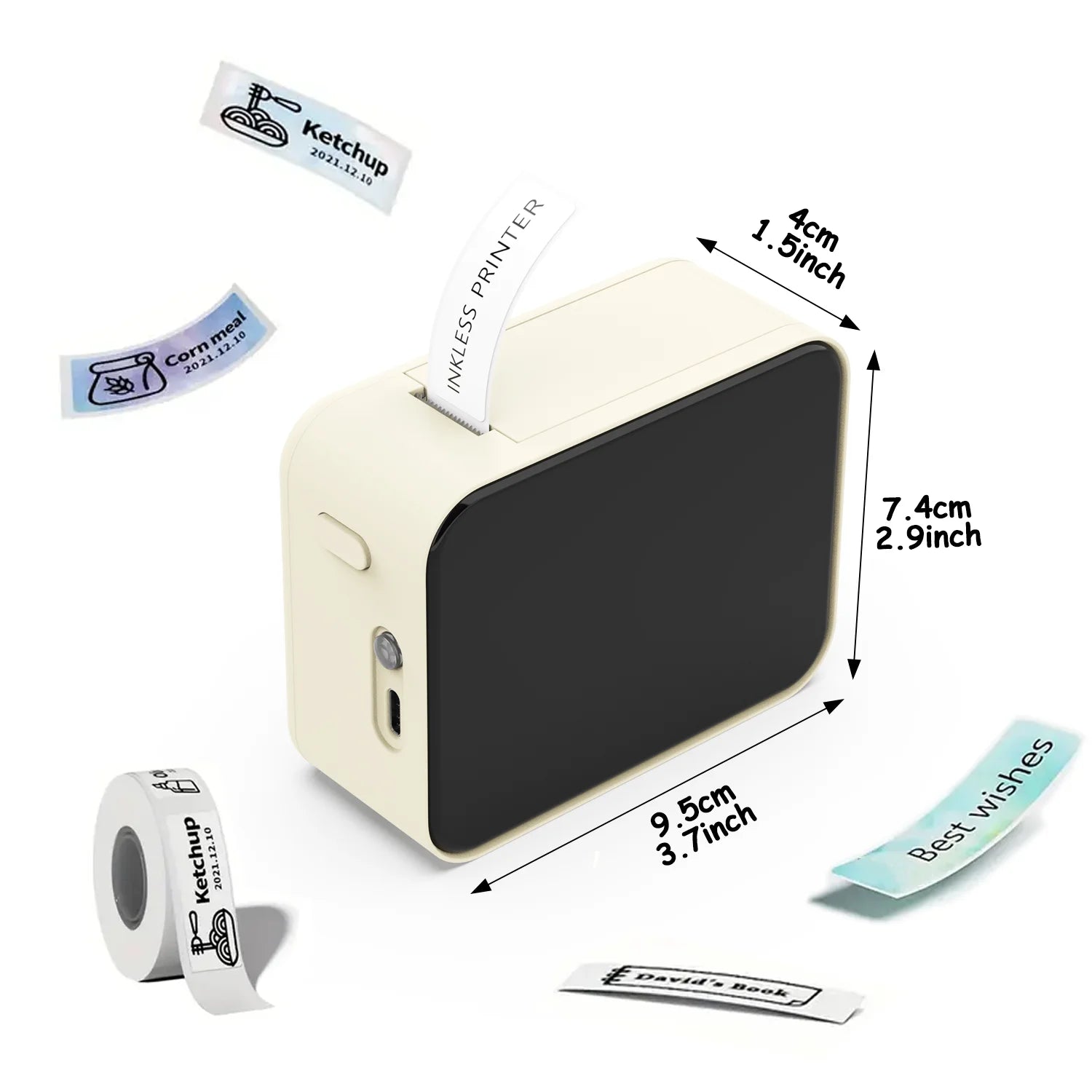 Compact label printer with beige casing, black front, and printed labels in various colors and sizes.