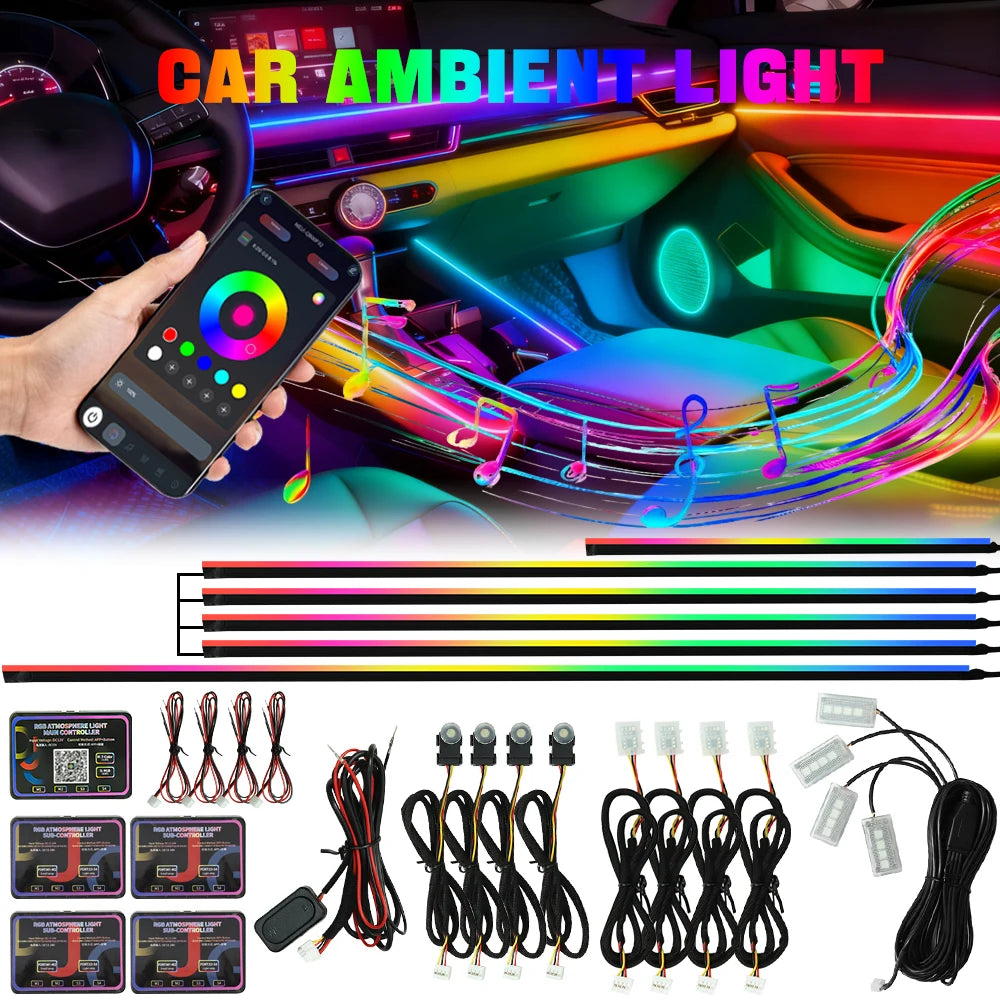 64 Colors RGB Symphony Car Ambient Light 6/10/18 in 1 Interior Acrylic LED Strip Light Decoration Atmosphere Lamp By APP Control