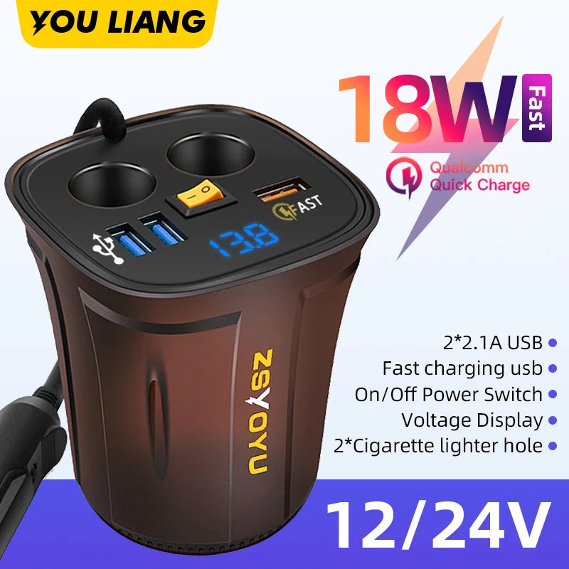 9V 8A Phone Usb 12V Car Charger Cup for iphone samsung huawei Xiaomi Dual Cigarette Lighter Socket Adapter Fast Charger QC 3.0