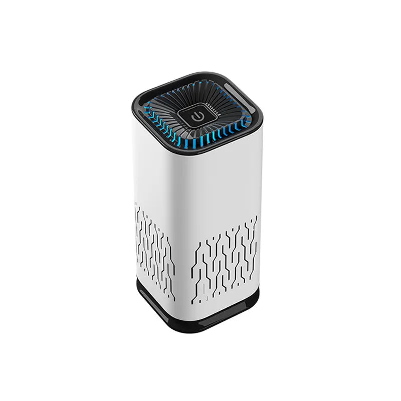 White rectangular air purifier with black top, blue lighting, and wavy side patterns.