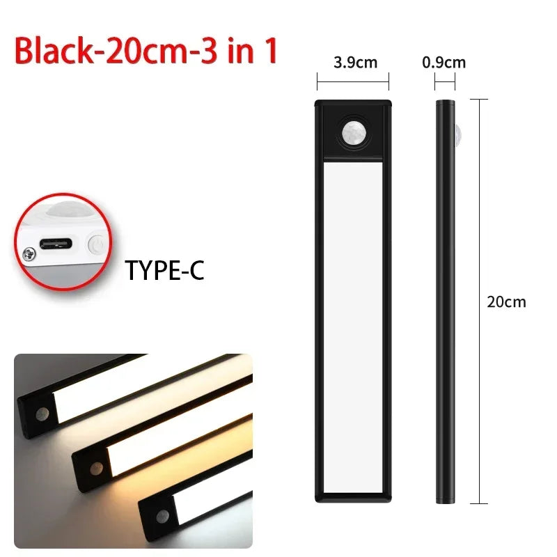 10-60CM Motion Sensor Under Cabinet Lights Wireless USB Rechargeable Night Light 3 Colors Indoor Closet Lamp Bedroom Lighting