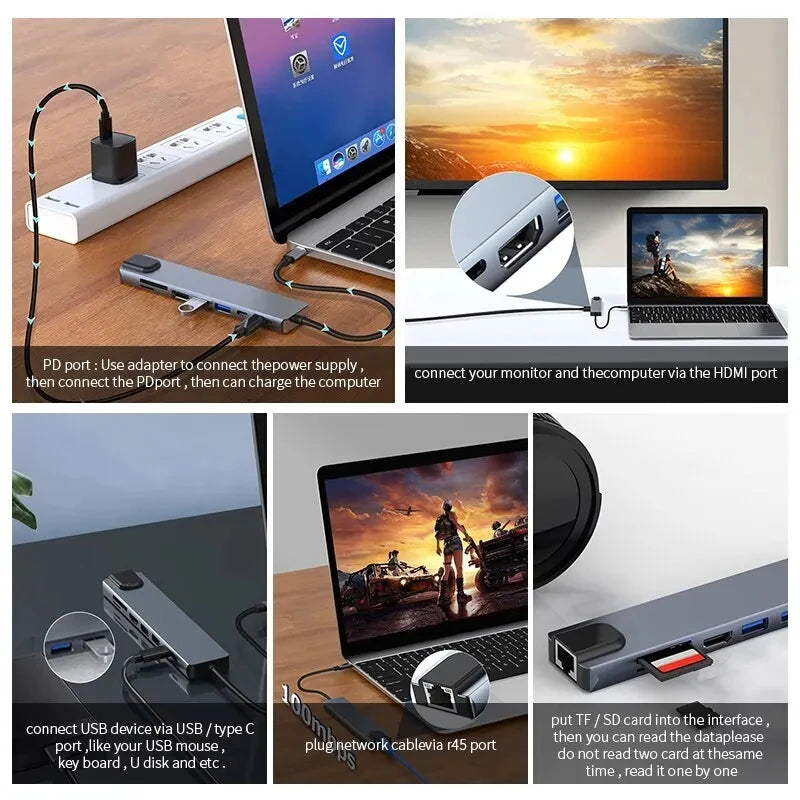 8 In 2 USB Hub USB C Docking Station Type-C Adapter To 4K60Hz HDMI USB 3.0 5Gbps RJ45 1000Mbps Splitter With SD/TF For Laptop