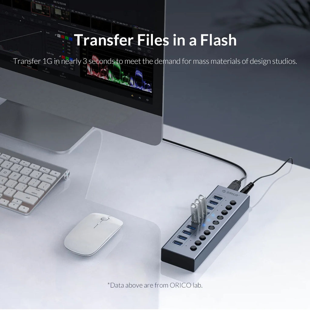 ORICO Powered USB Hub Splitter Socket with Multi USB 3.0 Port Slot Plug On-Off Key Switch Dock Power Strip Adapter for PC Lapto