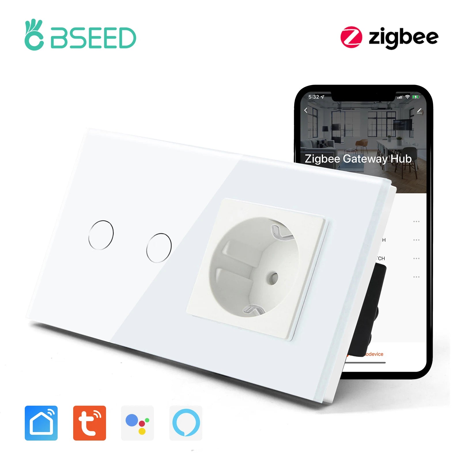 BSEED Zigbee 1/2/3Gang Wall Touch Switches Tuya Smart Life Alexa Control Plus EU Wall Socket USB Type-c Ports No Neutral Version