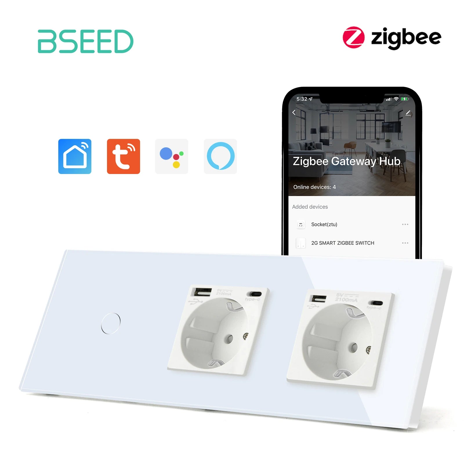 BSEED Zigbee 1/2/3Gang Wall Touch Switches Tuya Smart Life Alexa Control Plus EU Wall Socket USB Type-c Ports No Neutral Version