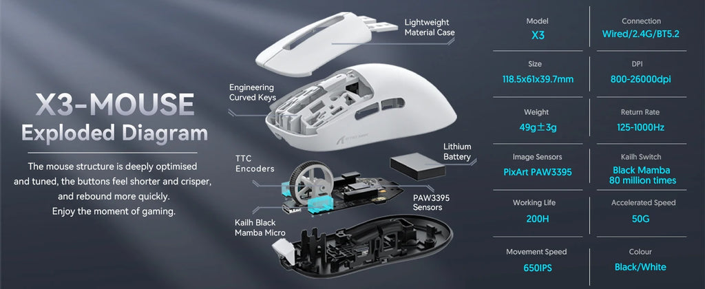 ATTACK SHARK X3 Lightweight Wireless Gaming Mouse, 49g Tri-Mode,PAW3395 26K DPI Sensor, 200h Battery Life,5 Programmable Buttons