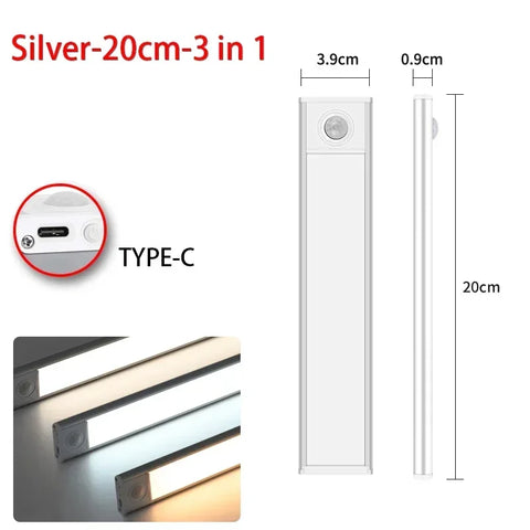 Motion Sensor Under Cabinet Light – USB Rechargeable, 3 Colors, 10–60cm
