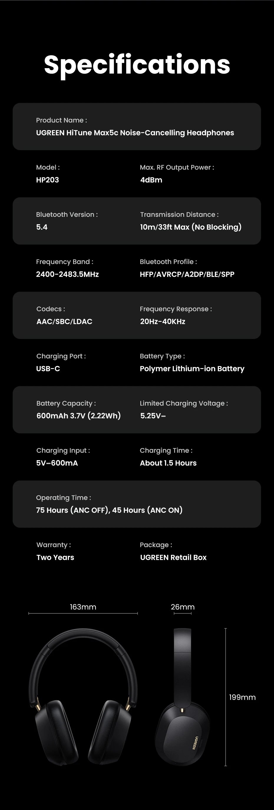 UGREEN Max5c Wireless Bluetooth Headphones ANC 43dB Active Noise Cancellation Hi-Res LDAC 75H Spatial Audio Earphones Headset