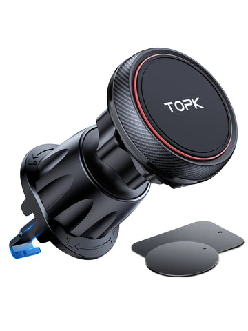 Black magnetic phone holder with red accents, two metal plates, and a blue clip attachment.