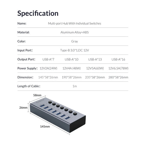 ORICO Powered USB Hub Splitter Socket with Multi USB 3.0 Port Slot Plug On-Off Key Switch Dock Power Strip Adapter for PC Laptop