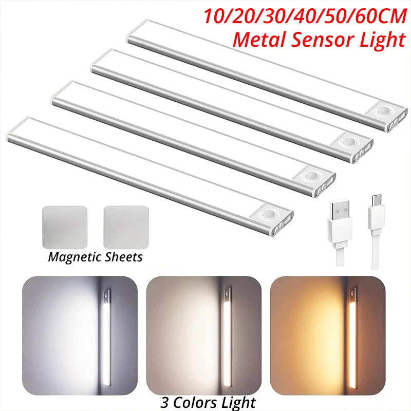 10-60CM Motion Sensor Under Cabinet Lights Wireless USB Rechargeable Night Light 3 Colors Indoor Closet Lamp Bedroom Lighting