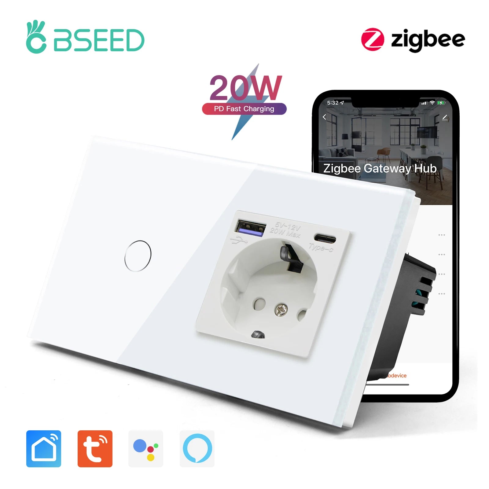BSEED Zigbee 1/2/3Gang Wall Touch Switches Tuya Smart Life Alexa Control Plus EU Wall Socket USB Type-c Ports No Neutral Version