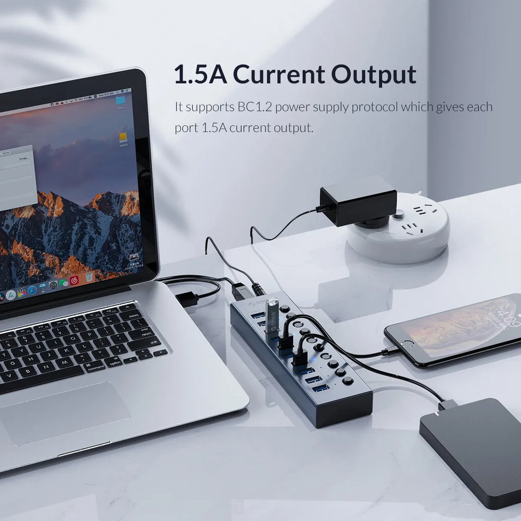 ORICO Powered USB Hub Splitter Socket with Multi USB 3.0 Port Slot Plug On-Off Key Switch Dock Power Strip Adapter for PC Lapto