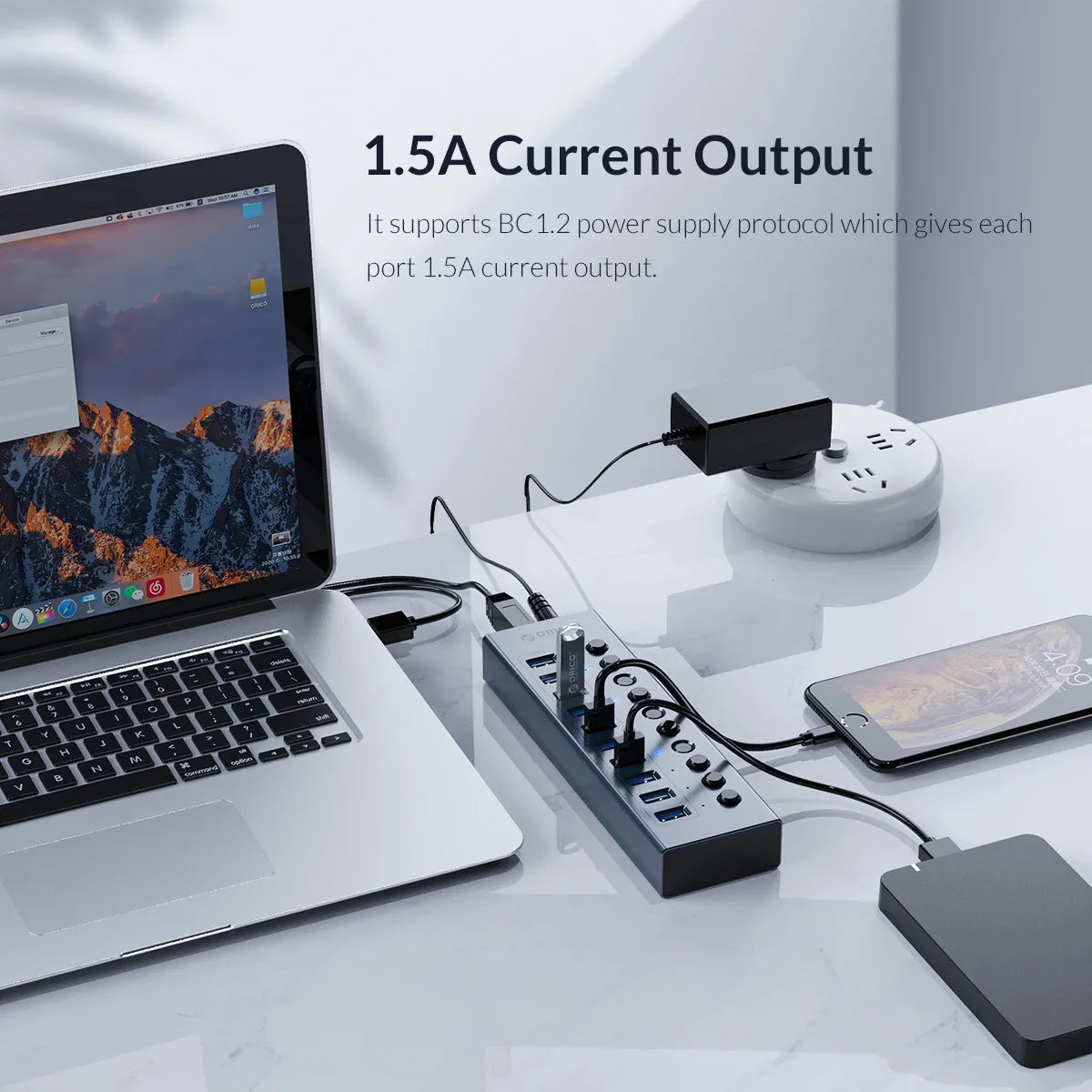 ORICO Powered USB Hub Splitter Socket with Multi USB 3.0 Port Slot Plug On-Off Key Switch Dock Power Strip Adapter for PC Lapto