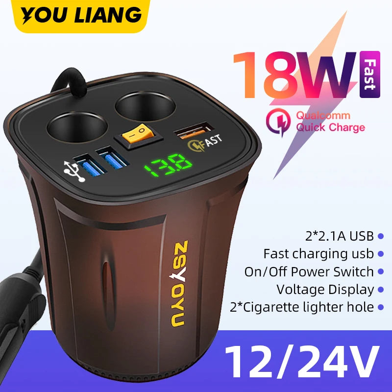 9V 8A Phone Usb 12V Car Charger Cup for iphone samsung huawei Xiaomi Dual Cigarette Lighter Socket Adapter Fast Charger QC 3.0