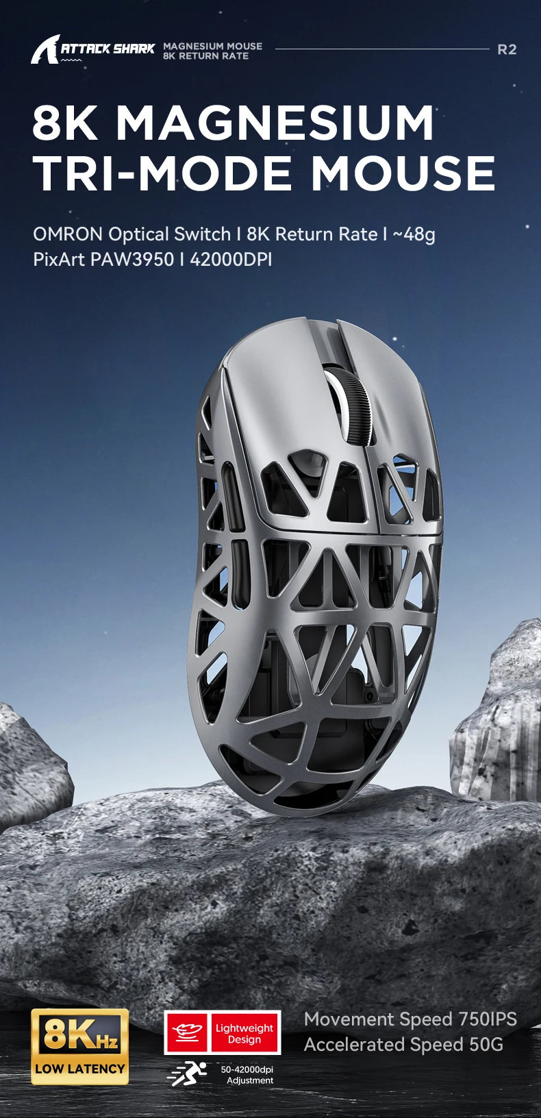 Attack Shark R2 Gaming Wireless Mouse PAW3950 8K Magnesium Alloy Lightweight Gaming Mouse Bluetooth Tri-Mode for Gaming/Office