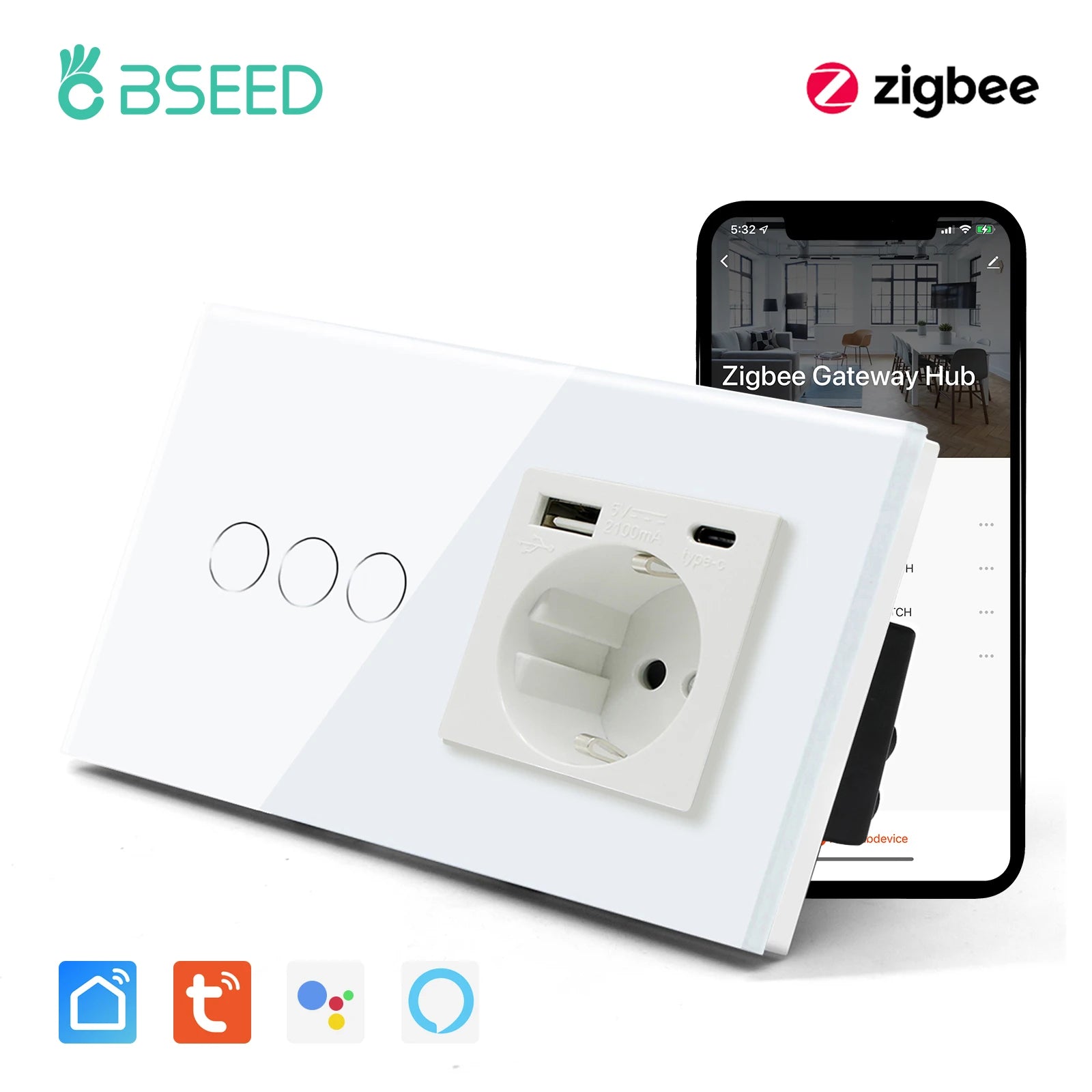 BSEED Zigbee 1/2/3Gang Wall Touch Switches Tuya Smart Life Alexa Control Plus EU Wall Socket USB Type-c Ports No Neutral Version