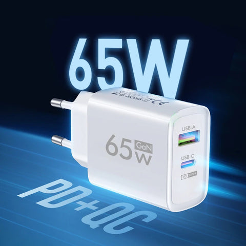 A white 65W charger with USB-C and USB-A ports, labeled PD+QC on a blue background.
