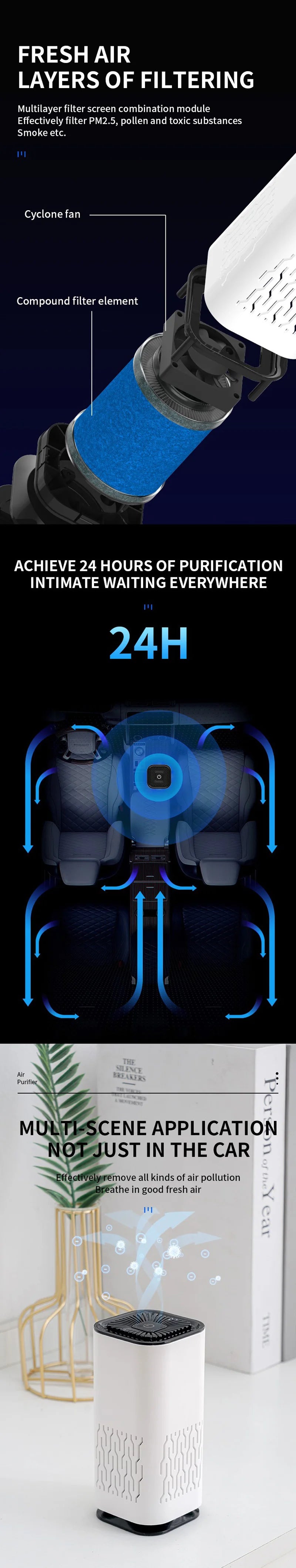 Car Air Purifier USB Rechargeable Negative Ion Odor Removal Formaldehyde Deodorant Air Freshener With Atmosphere Light For Car