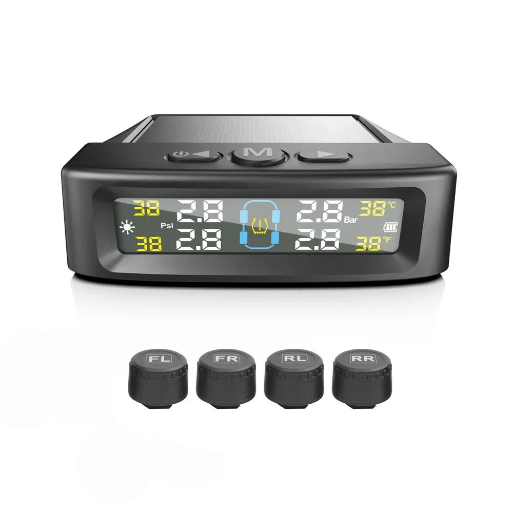 TPMS Tire Pressure Monitoring System Car Safety Alarm System Wireless Solar/USB Powered 4 Sensors with Color Digital Display