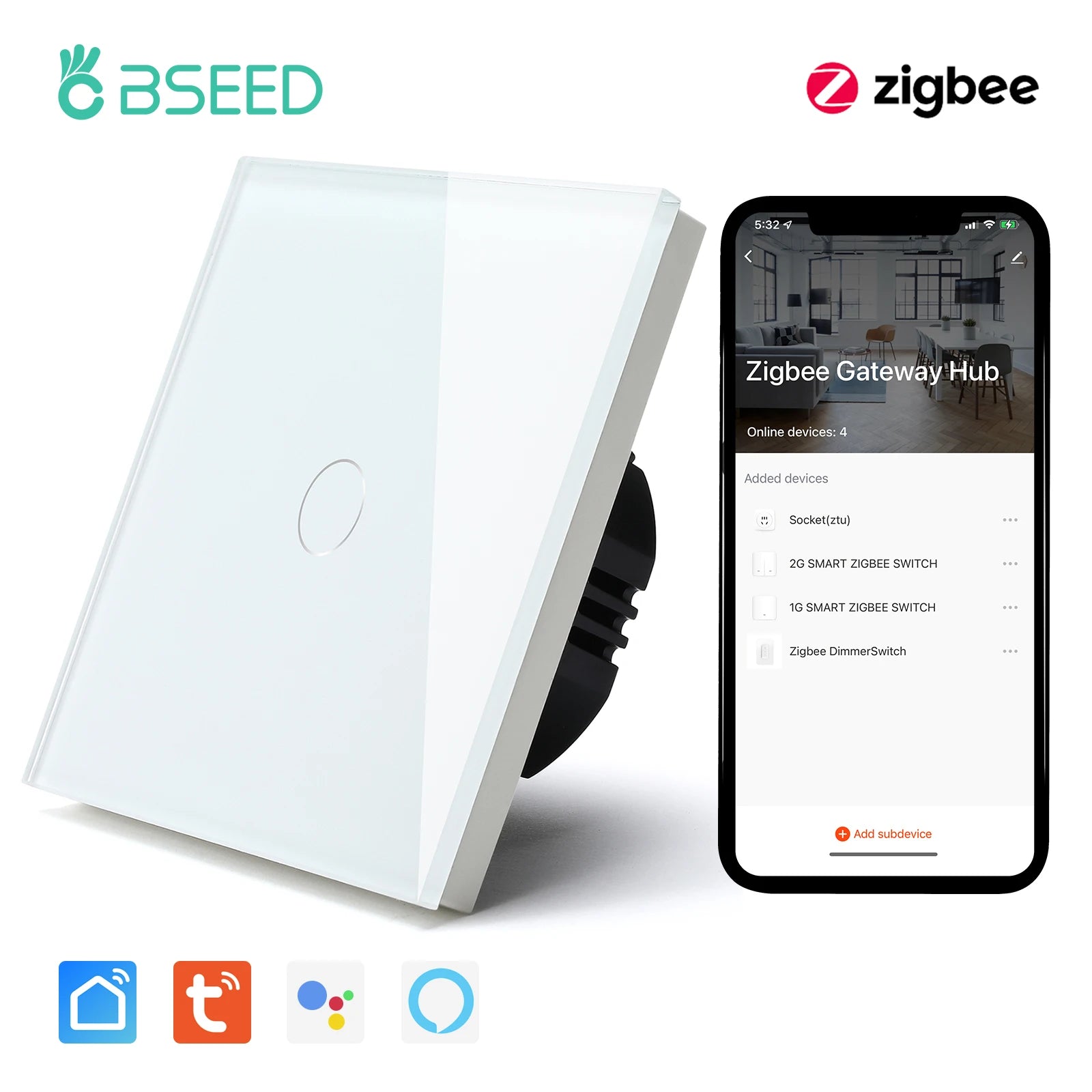 BSEED Zigbee 1/2/3Gang Wall Touch Switches Tuya Smart Life Alexa Control Plus EU Wall Socket USB Type-c Ports No Neutral Version