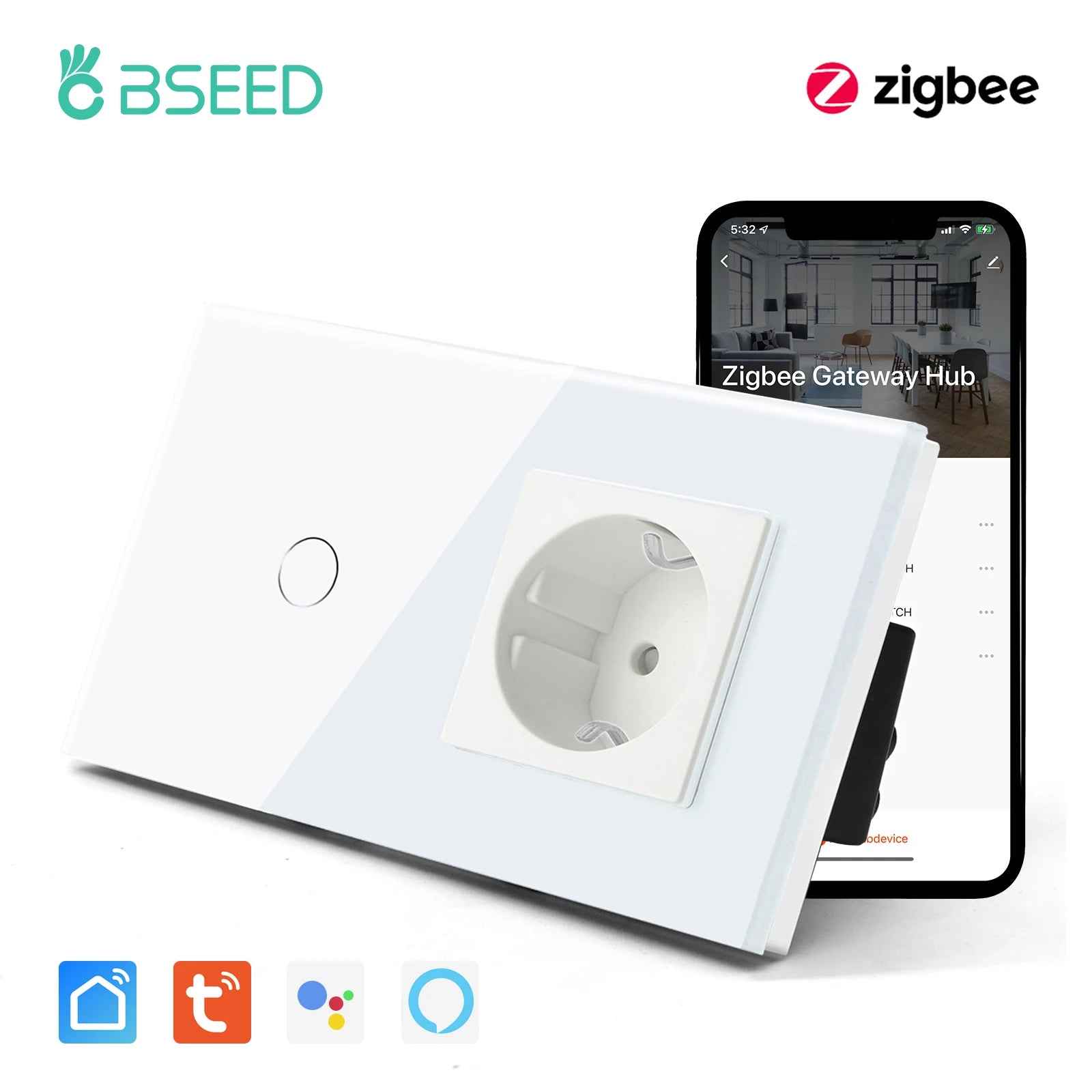 BSEED Zigbee 1/2/3Gang Wall Touch Switches Tuya Smart Life Alexa Control Plus EU Wall Socket USB Type-c Ports No Neutral Version