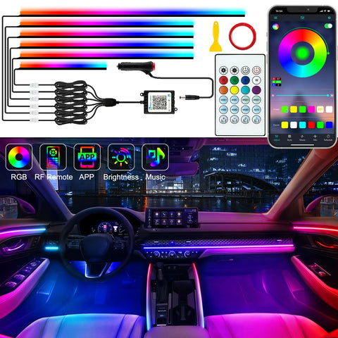 Car interior with colorful LED lights, remote control, and app interface on phone screen.
