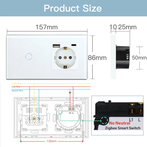 BSEED Zigbee 1/2/3Gang Wall Touch Switches Tuya Smart Life Alexa Control Plus EU Wall Socket USB Type-c Ports No Neutral Version