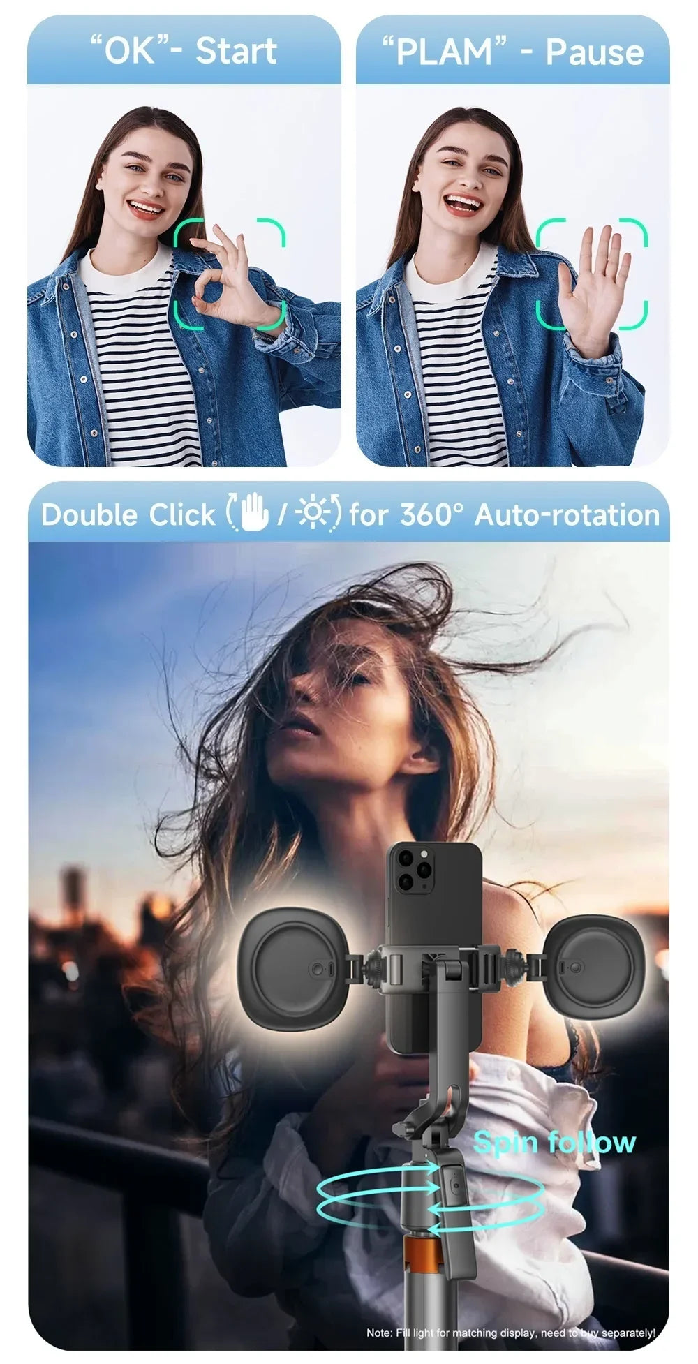 180cm70.9in Facial Tracking 360°Rotation Gimbals Stabilizer Selfie Stick Intelligent Phone Holder Tripod for Mobile Camera GoPro