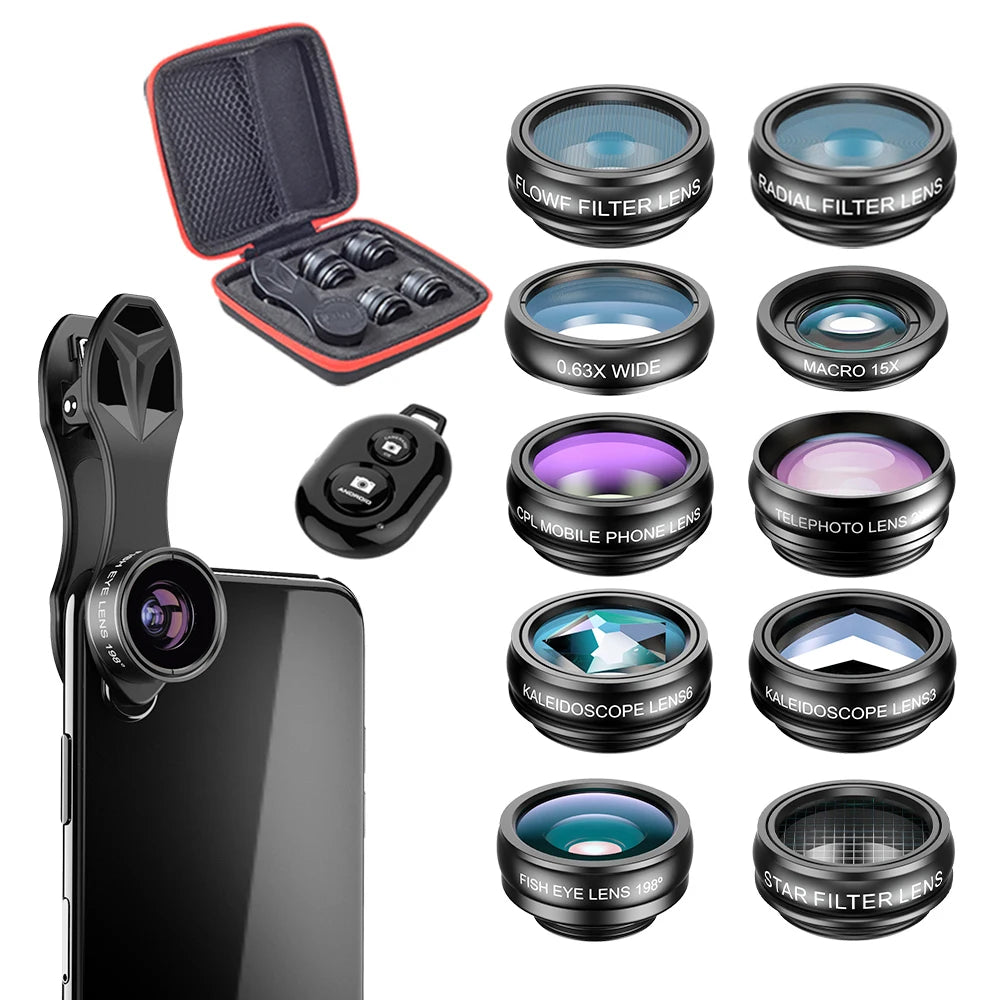Smartphone clip-on lens kit with 11 lenses, remote, and black case with red trim.