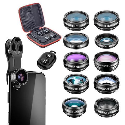 Smartphone clip-on lens kit with 11 lenses, remote, and black case with red trim.