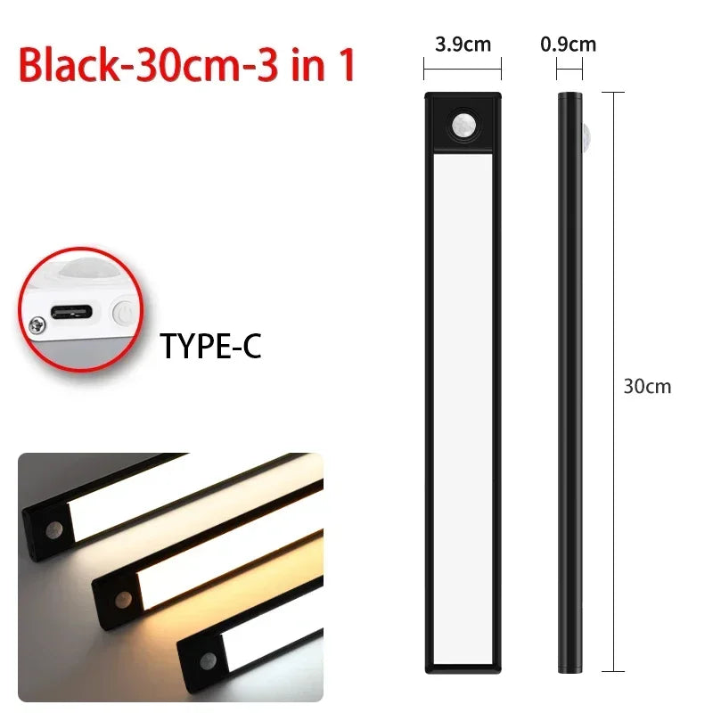 10-60CM Motion Sensor Under Cabinet Lights Wireless USB Rechargeable Night Light 3 Colors Indoor Closet Lamp Bedroom Lighting