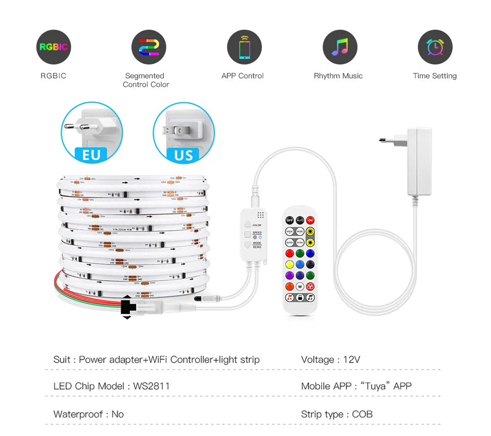 Tuya Smart WIFI RGBIC COB LED Strip Light Tape Addressable WS2811 IC Flexible RGB Neon LED Light 12V APPControl for Alexa Google