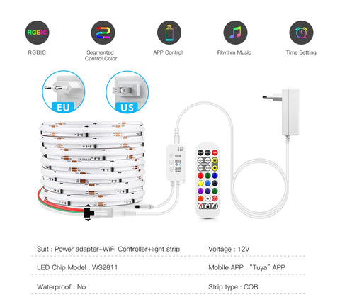 Tuya Smart WIFI RGBIC COB LED Strip Light Tape Addressable WS2811 IC Flexible RGB Neon LED Light 12V APPControl for Alexa Google